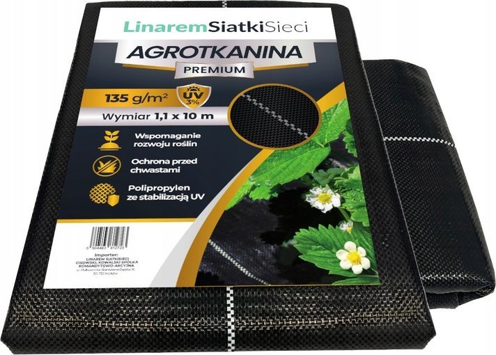 Linarem SiatkiSieci AGROTKANINA 135G 1,1x10m PREMIUM UV 3% AGROWŁÓKNINA CZARNA MATA + KOŁKI