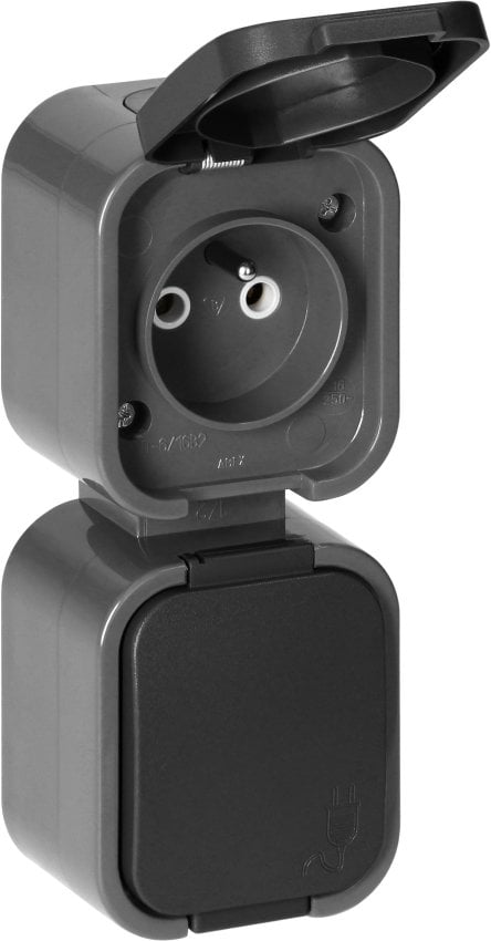 Gniazdo podwójne n/t 2x2P+Z, bryzgoszczelne z klapką, pionowe B2, IP54, NT-6B2/P, szary/czarny,OR-OE-7806/V/GB