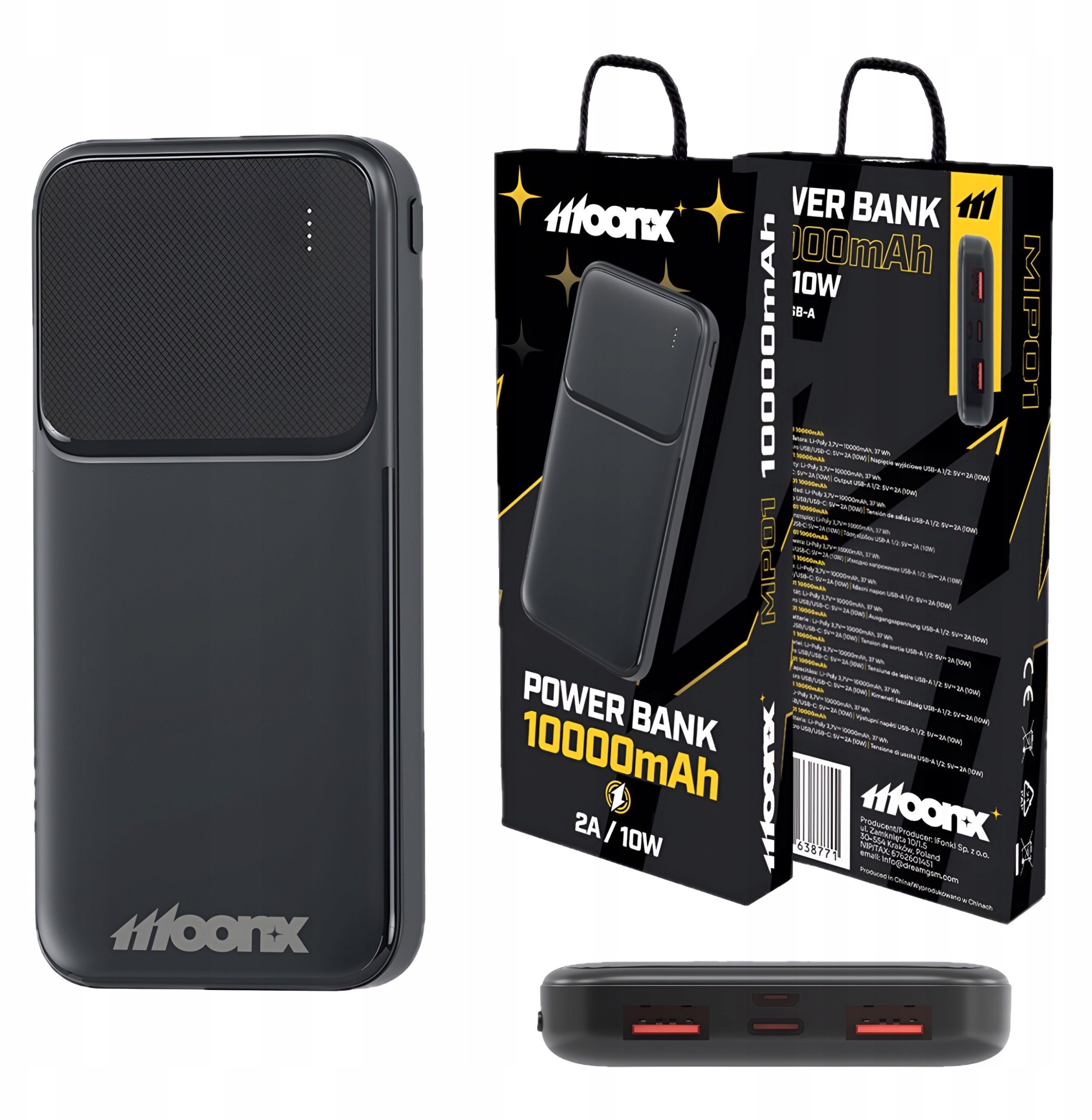 Powerbank 10000 mAh 2 x USB-A 2A 10W Czarny | Kabel USB-A Do USB-C 30 cm