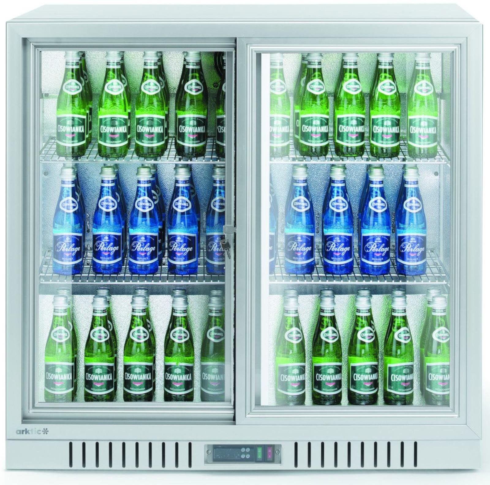 Lodówka chłodziarka barowa z 2 drzwiami suwanymi LED 150 l 160 W 90x52x84 cm - srebrna Lodówka chłodziarka barowa z 2 drzwiami suwanymi LED 150 l 160