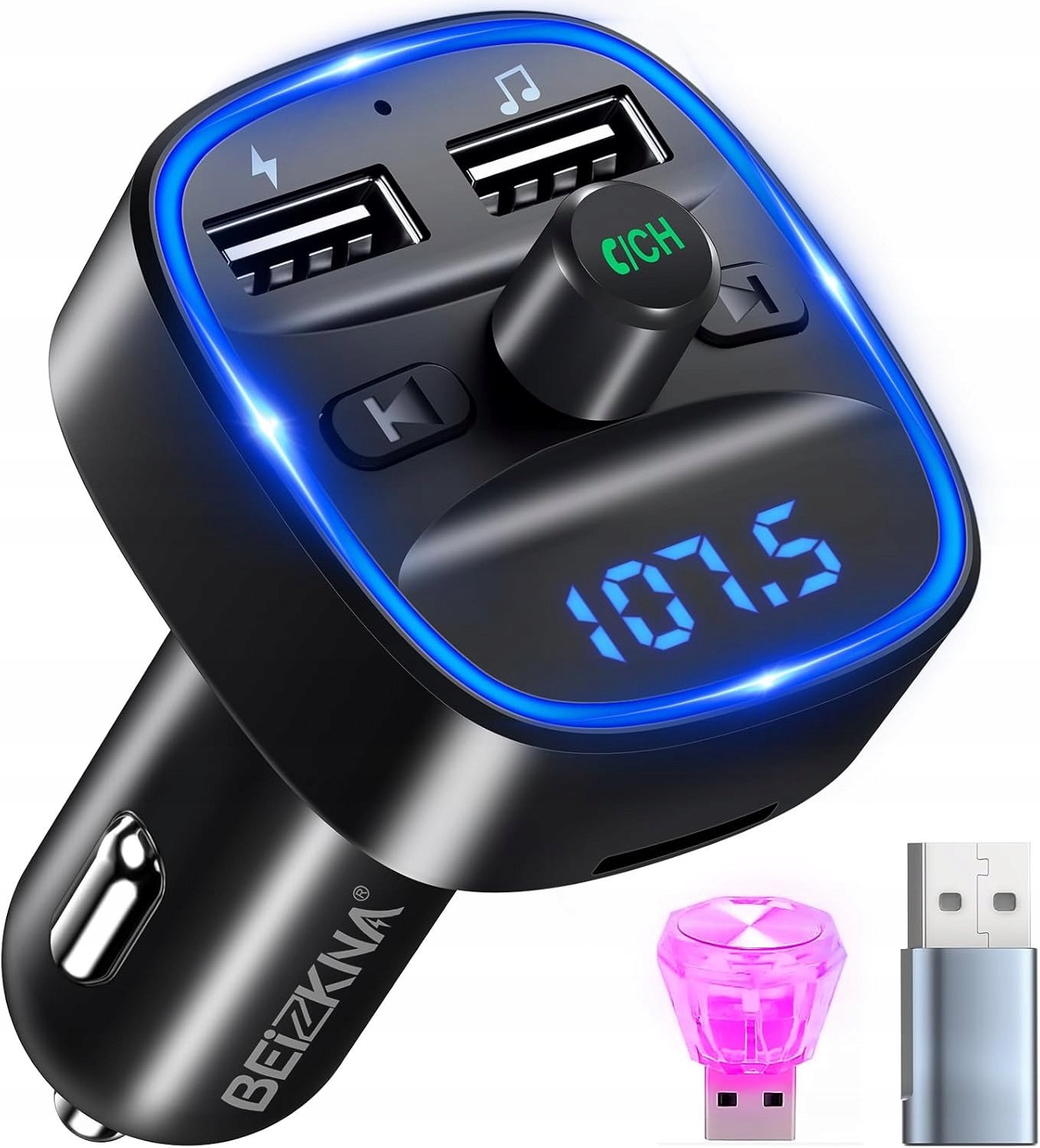 Transmiter Samochodowy Bluetooth 5.3 FM Ładowarka 2x USB