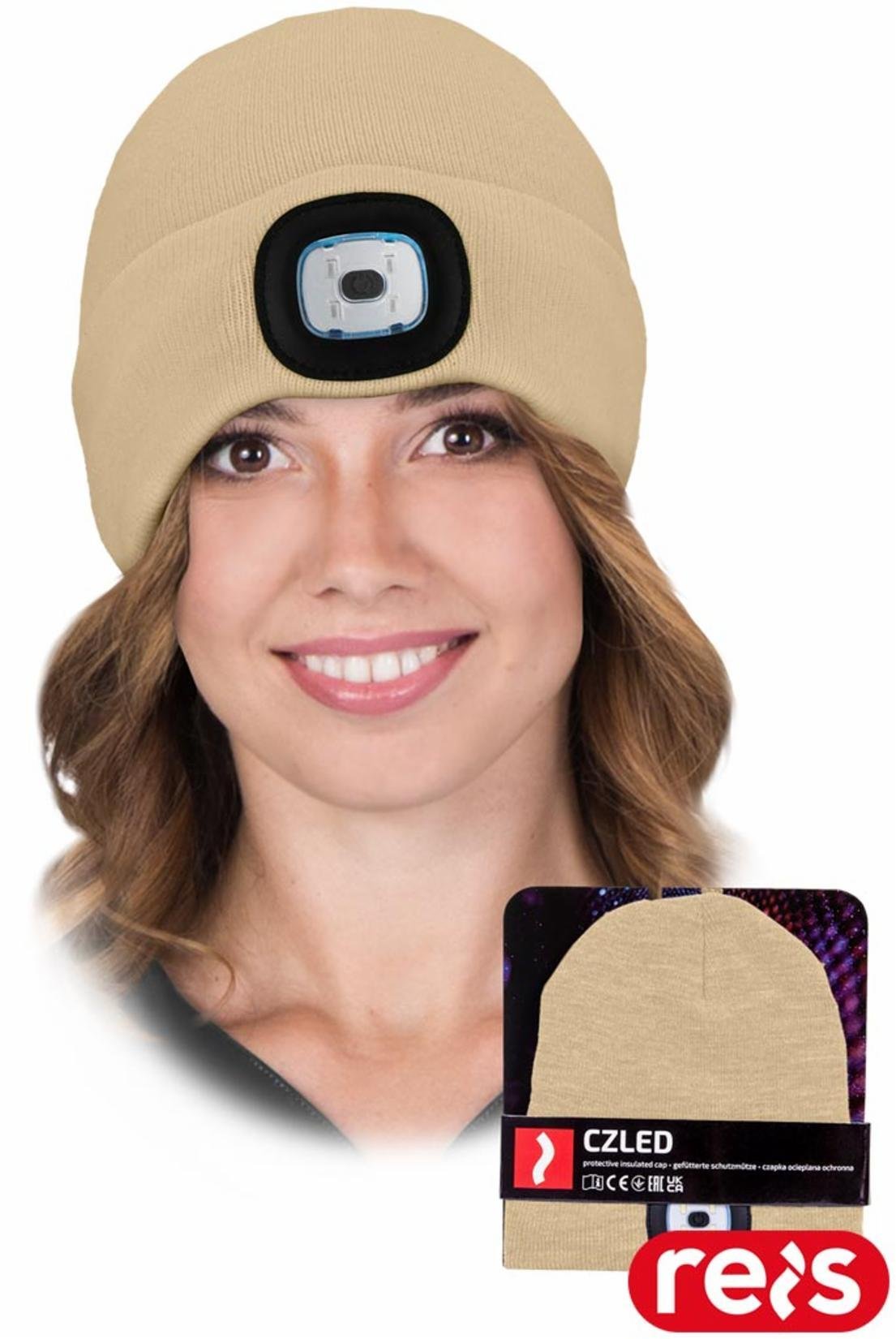 Czapka zimowa ocieplana ochronna z latarką LED, 100% przędza akrylowa CZLED - UNI - khaki