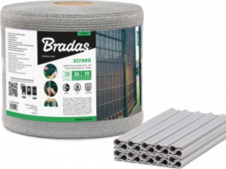 Bradas Taśma ogrodzeniowa balkonowa jasnoszara 19cm x 36m + klipsy BRADAS 1464