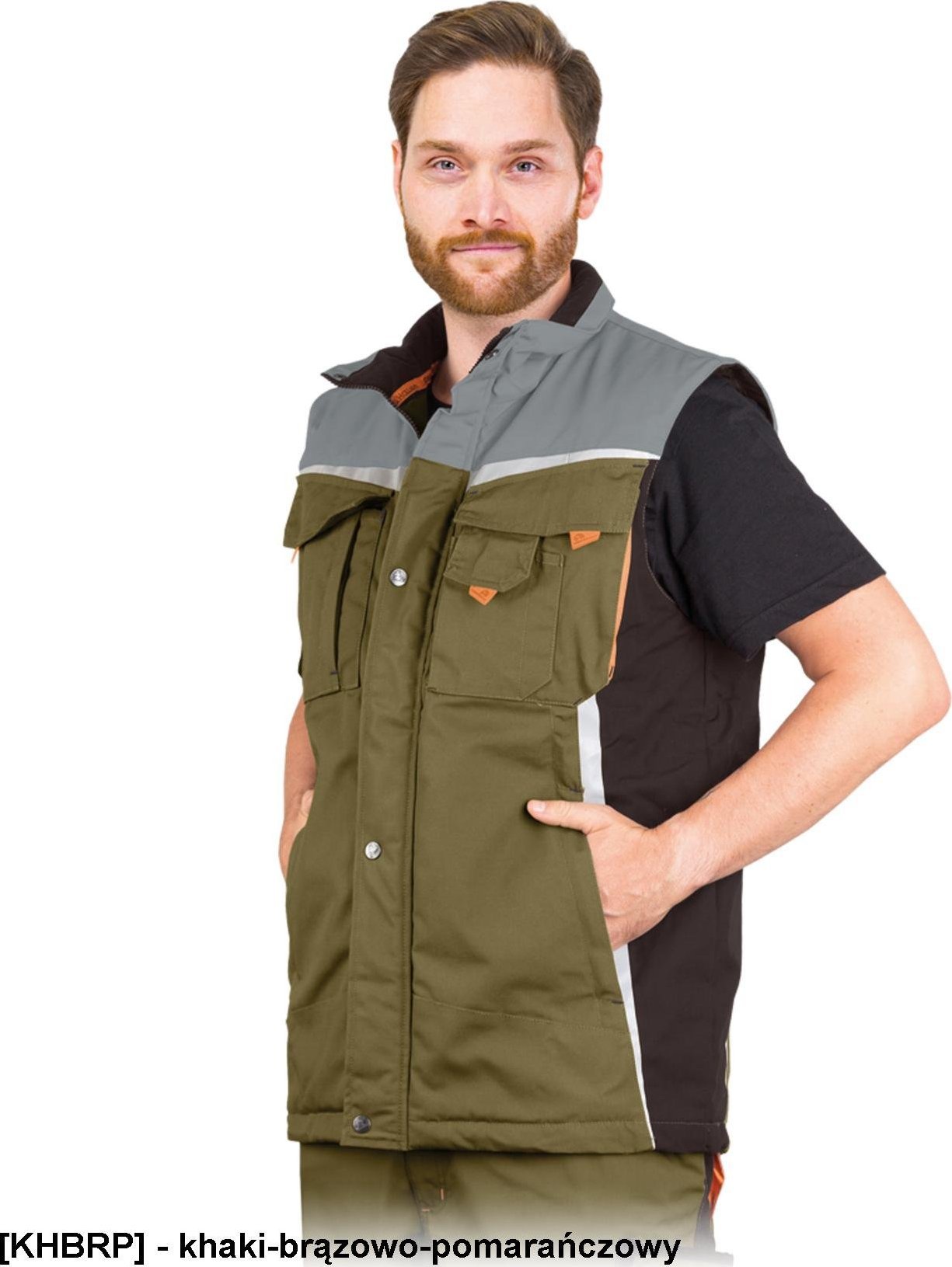 Leber&Hollman LH-NAW-V - Bezrękawnik ochronny ocieplany NEW AGE, materiał canvas, 270 g/m, stójka, odblaski, 6 kieszeni - khaki-brązowo-pomarańczowy 2