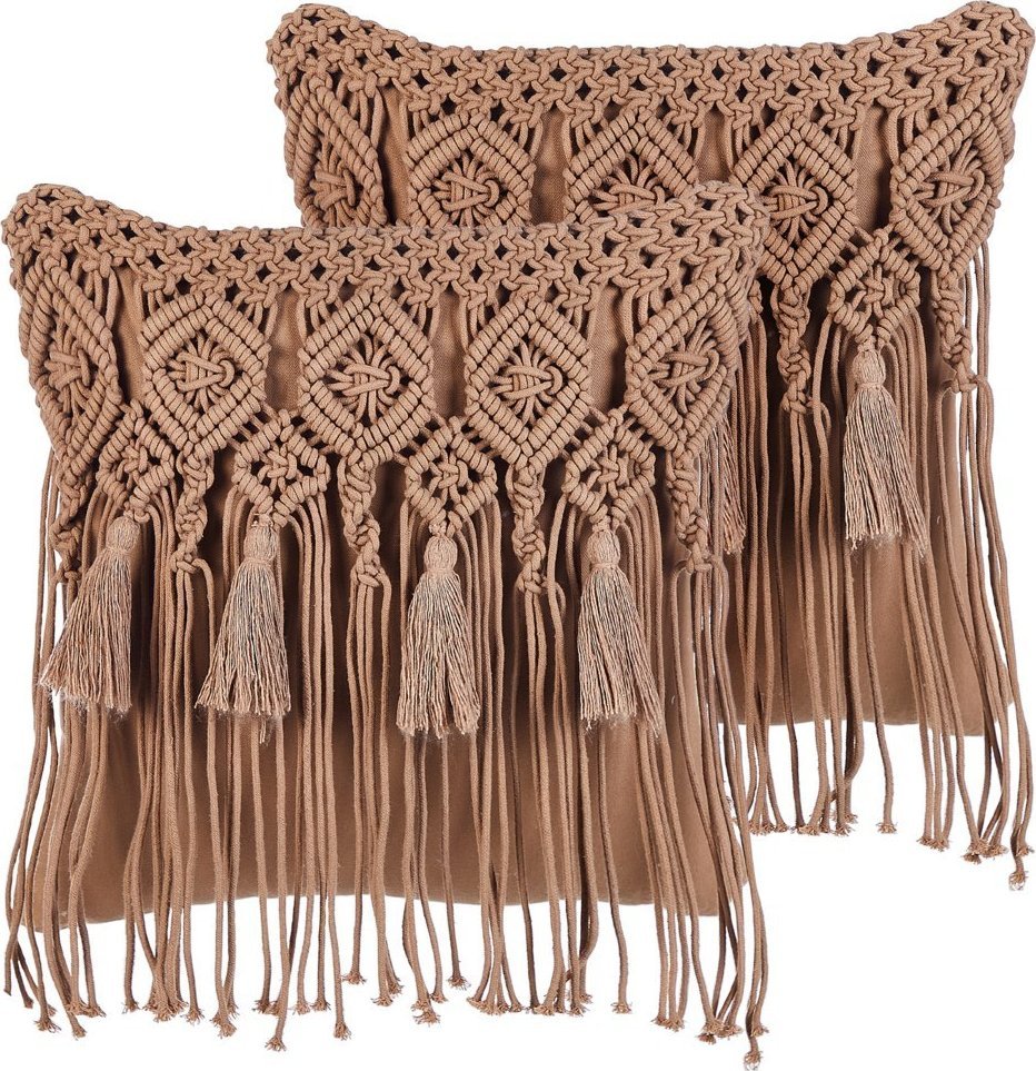 Beliani Zestaw 2 poduszek dekoracyjnych makrama 45 x 45 cm brązowy BAMIAN