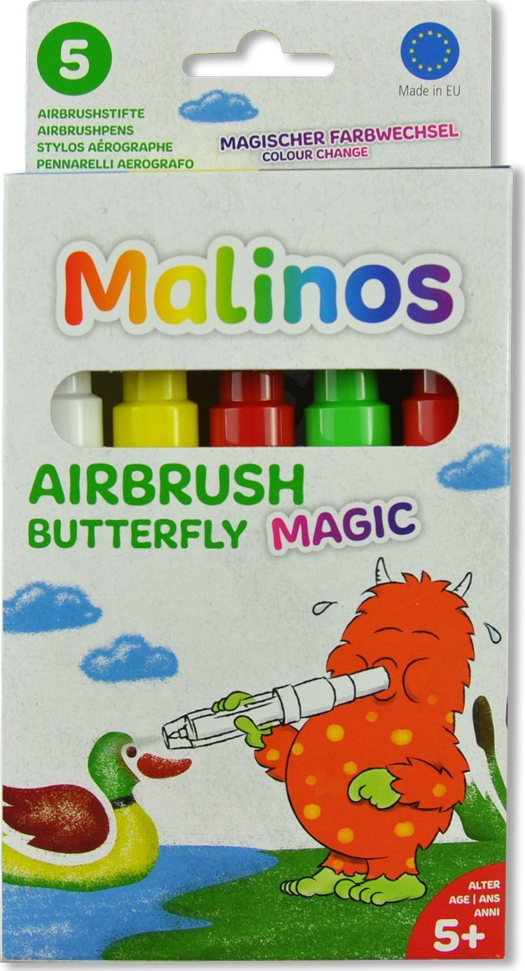 Malinos Malinos Airbrush Stifte Magic Butterfly 5Farben+Schablone 5+