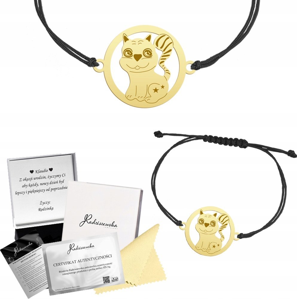 Radziszewska Jewellery BRANSOLETKA ZŁOTA Z KOTKIEM KOTEK SZNUREK SREBRO 925 PREZENT ŻYCZENIA