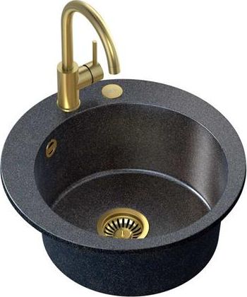 Zlewozmywak Steiner ART JAMES 210 (Ø51x20) Steingran Art Gold Black Pearl z syfonem manualnym, baterią Naomi i zaślepką - czarny opalizacja złota