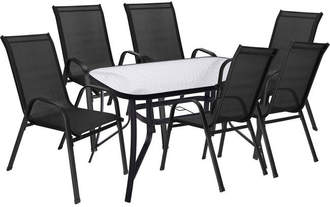 Meble ogrodowe zestaw na taras dla 6 osób: metalowe 6 krzeseł i stół z bezbarwnym szklanym blatem, czarny UNIWERSALNY