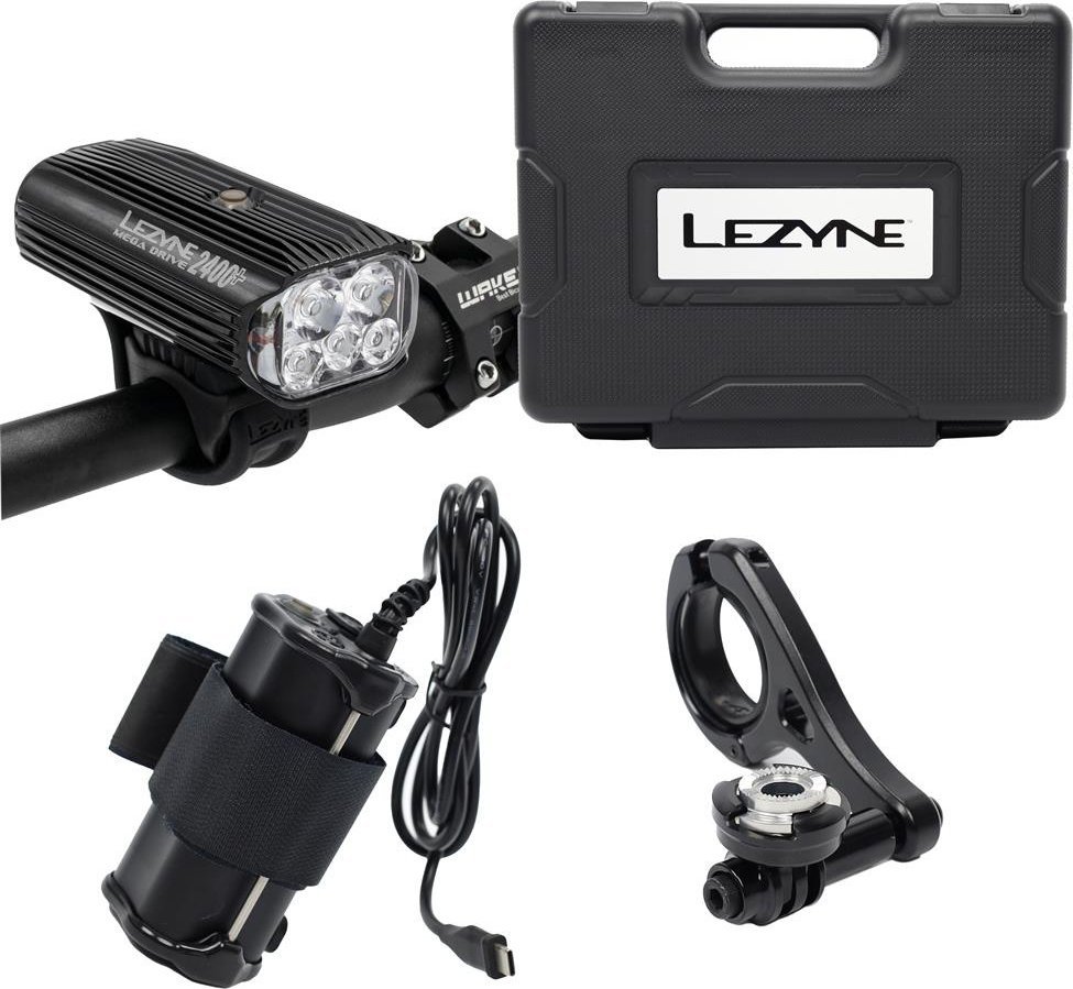 Lampka przednia Lezyne Mega Drive 2400+, 2400 lumenów, USB-C, czarna + Powerbank Infiniti Pack XL, walizka