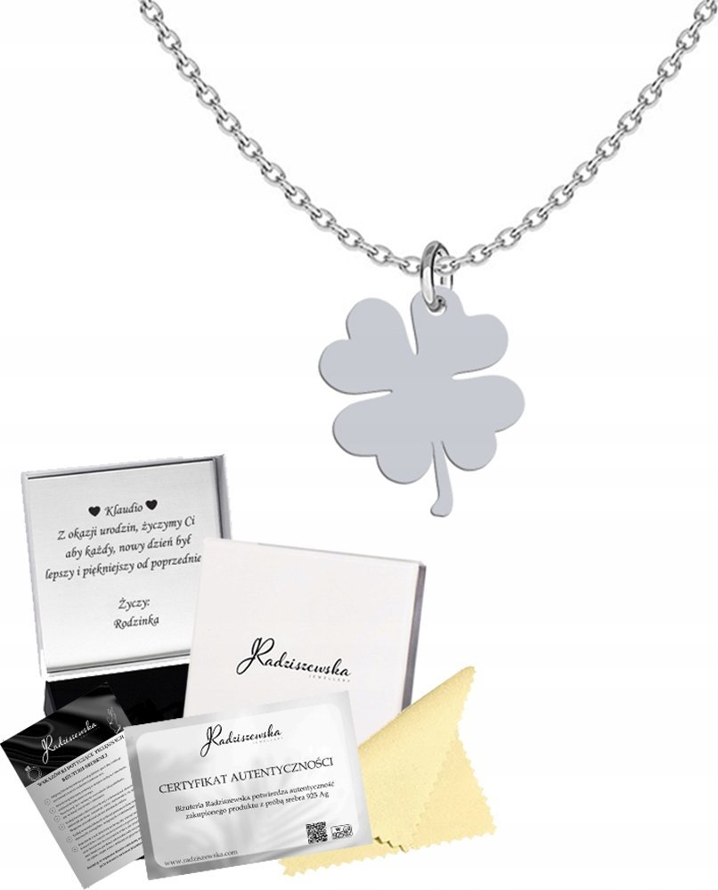 Radziszewska Jewellery Naszyjnik Srebrny z Koniczyną 925 Koniczynka na Szczęście ŻYCZENIA GRATIS