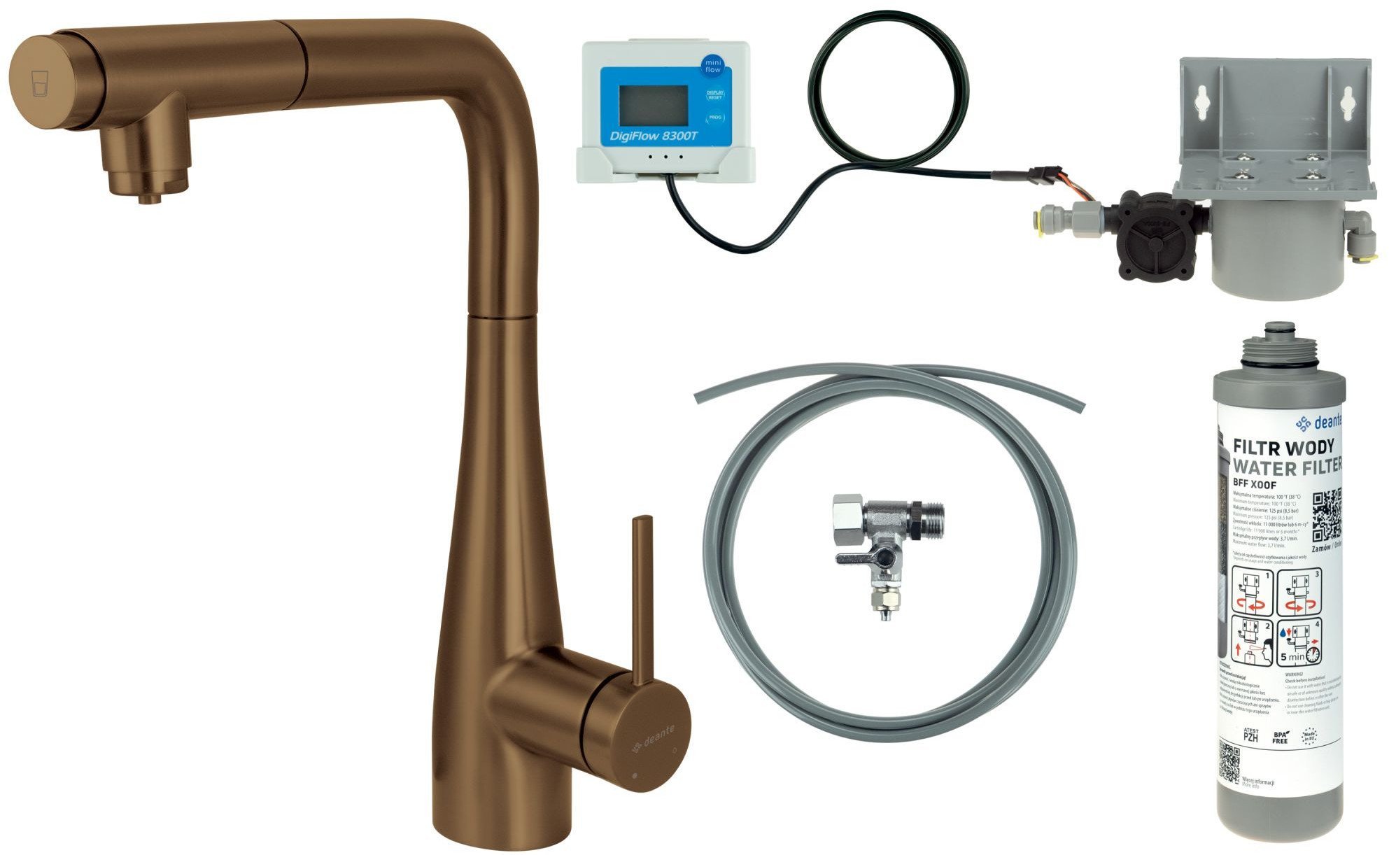 Deante Bateria kuchenna z zestawem do filtracji wody z wyciąganą wylewką