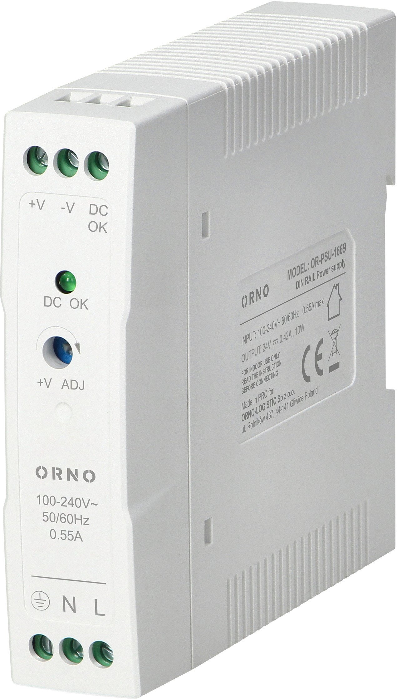 Zasilacz przemysłowy, na szynę DIN, 24VDC, 1A, 20W, w plastikowej obudowie