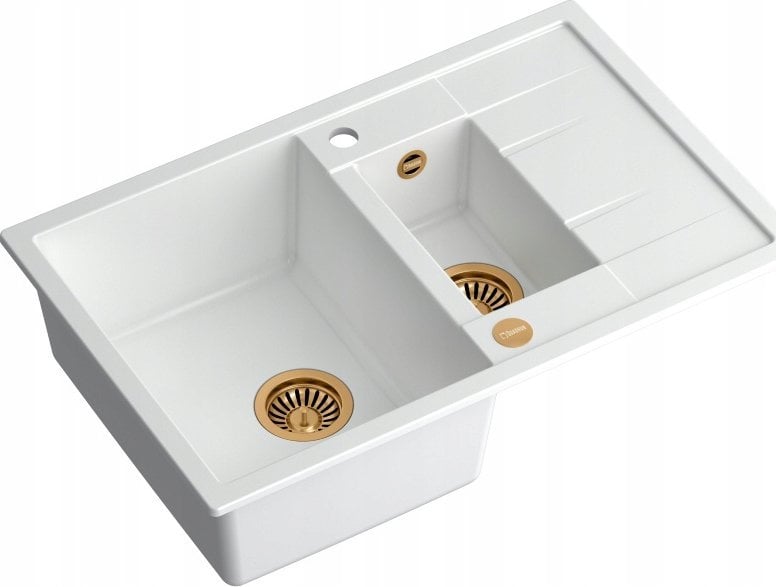 Zlewozmywak GraniteQ MORGAN 156 GraniteQ zlewozmywak snow white z syfonem Push To Open okrągły 1,5-komorowy z/o / elementy miedziane