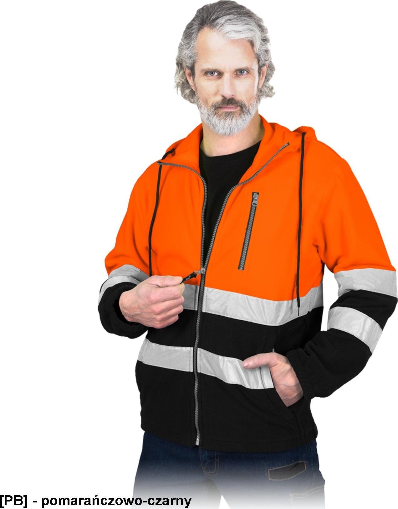 R.E.I.S. POLSTRIP-HD - bluza polarowa, stójka, pasy odblaskowe, stały kaptur, dzianina 100% poliester 290 g/m - pomarańczowo-czarny M