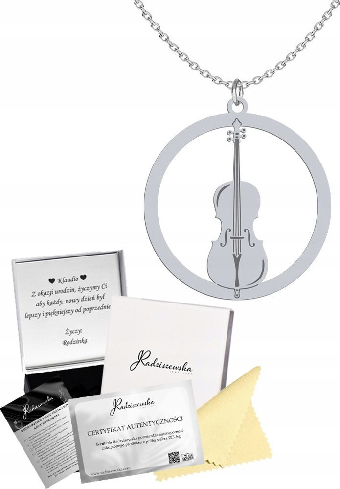 Radziszewska Jewellery Naszyjnik Srebrny Wiolonczela Łańcuszek 925 Prezent Muzyka Biżuteria GRAWER