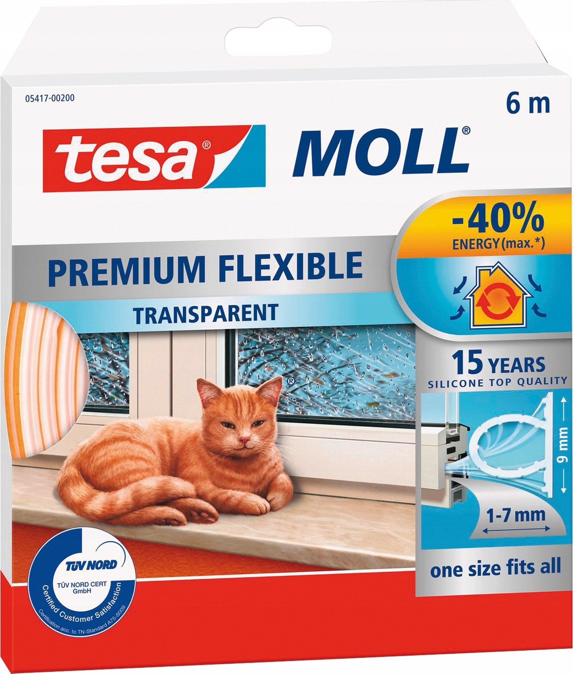 Tesa TESA 05417-200. Produktfarbe: Transparent, Material: Silikon, Haltbarkeitsdauer (max.): 15 Jahr(e). Länge: 6 m, Spaltdichtung (min.): 7 mm, Spalt