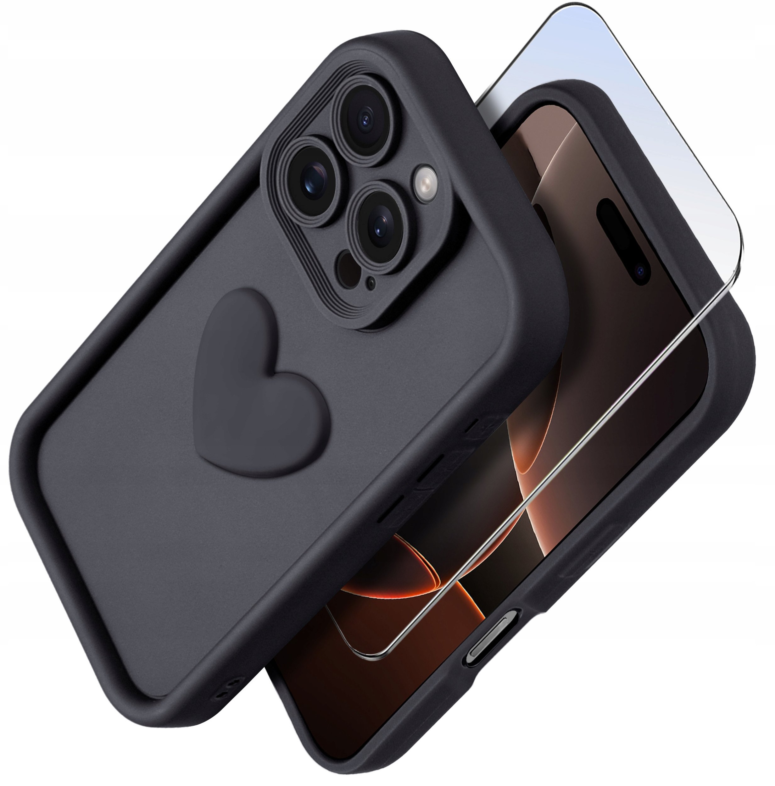 Etui do iPhone 16 Pro silikonowe MATOWE serce + Szkło ochronne na ekran 9H