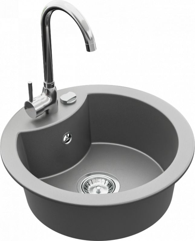 Zlewozmywak Mexen Diego granitowy 1-komorowy z baterią kuchenną Telma, szary - 6512-71-670200-00