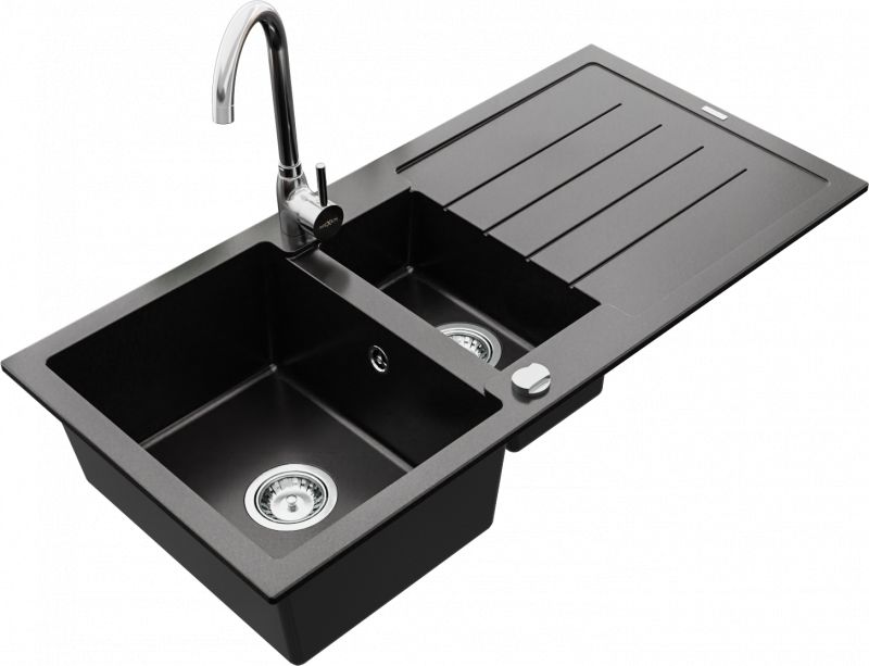 Zlewozmywak Mexen Andres granitowy 1,5-komorowy z ociekaczem i baterią kuchenną Telma, czarny - 6515-77-670200-00