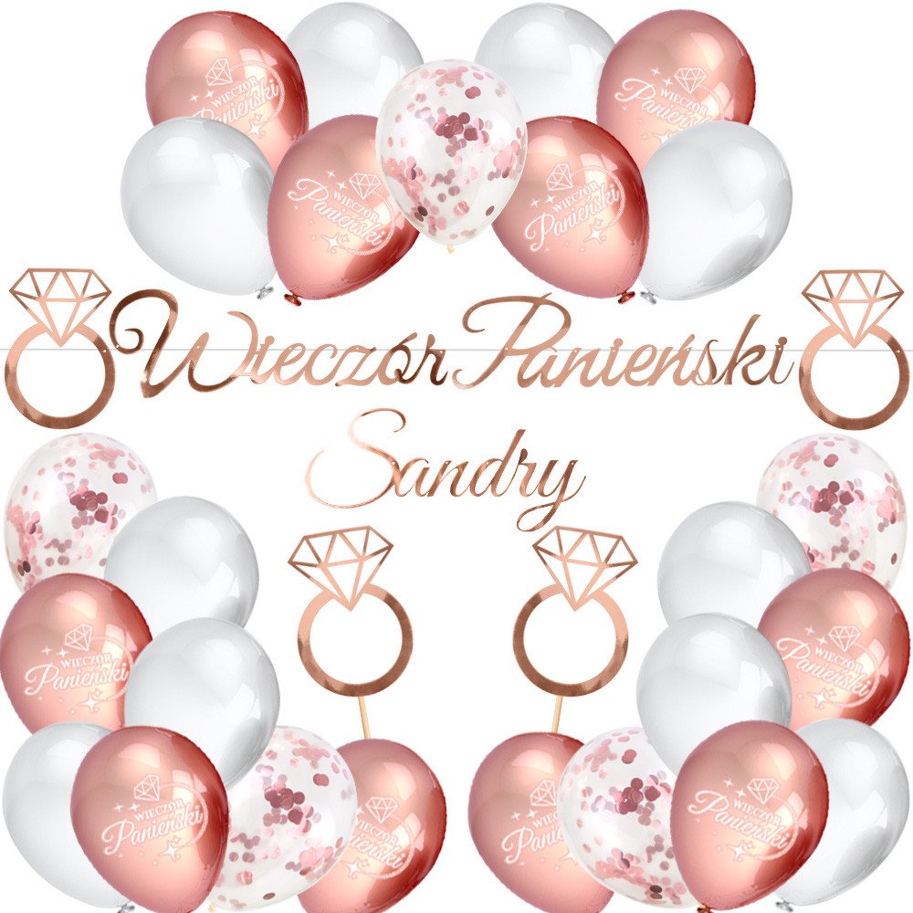 Zestaw Panieński Balony Baner Toppery Pierścionki Biel-Rose Gold