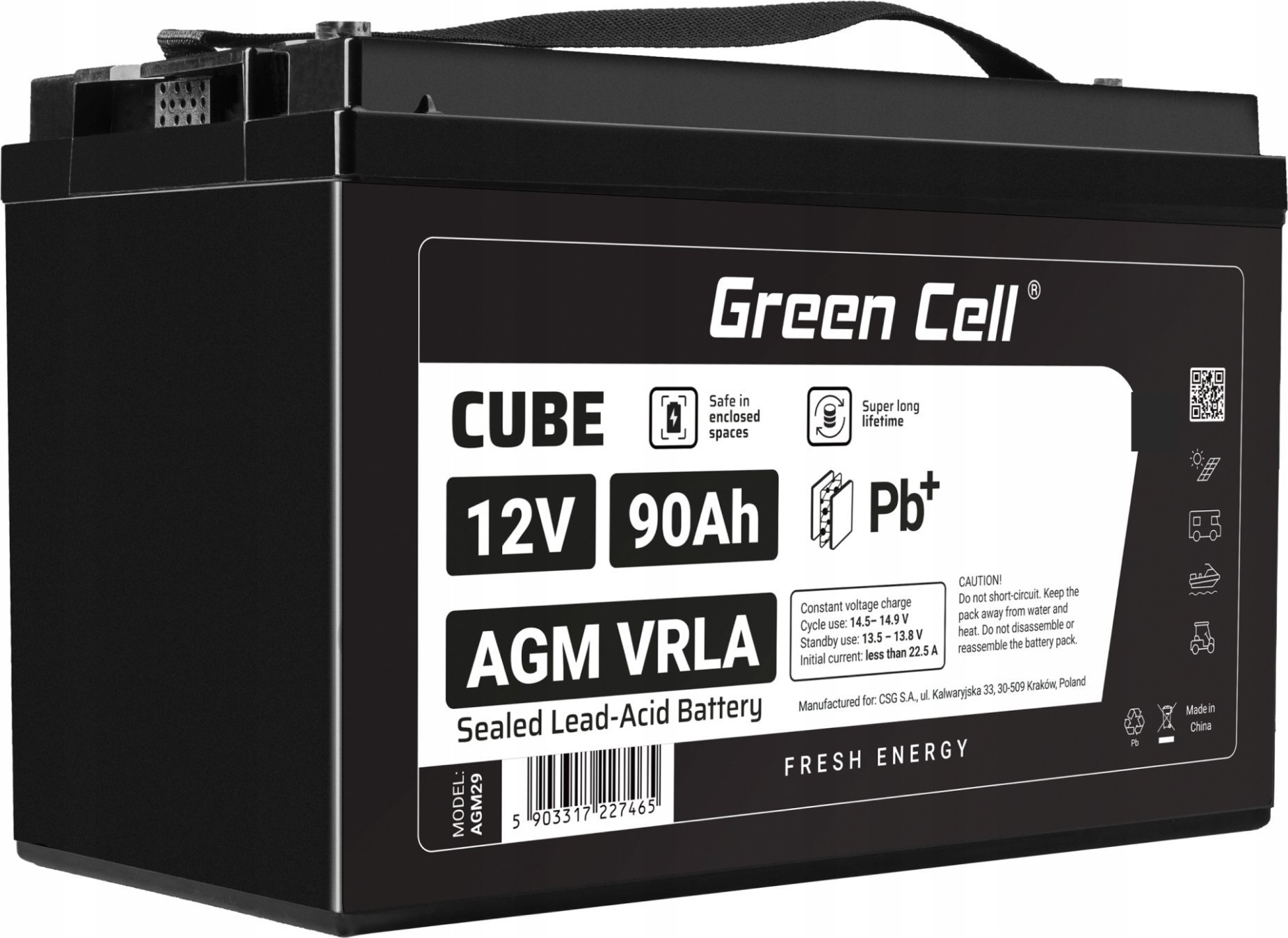 Green Cell Green Cell Cube AGM VRLA IP54 12V 90Ah bezobsługowy akumulator do kampera fotowoltaiki paneli solarnych łodzi