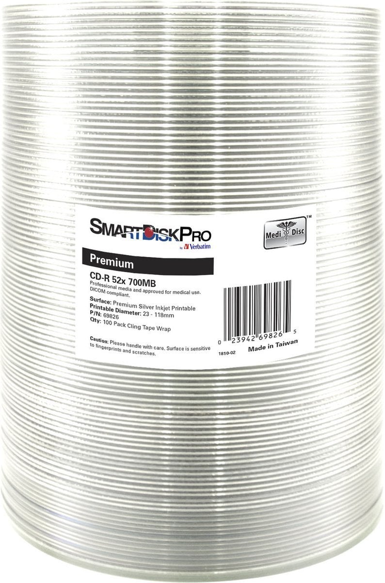 Smartdisk CD-R, 69826, Premium Silver Injekt Printable, 100-pack, 700MB, 52x, 80min., 12cm, wrap, do archiwizacji danych