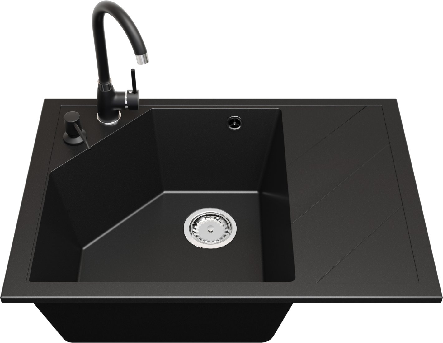 Zlewozmywak jednokomorowy z ociekaczem LUBA czarny + bateria NOON + dozownik