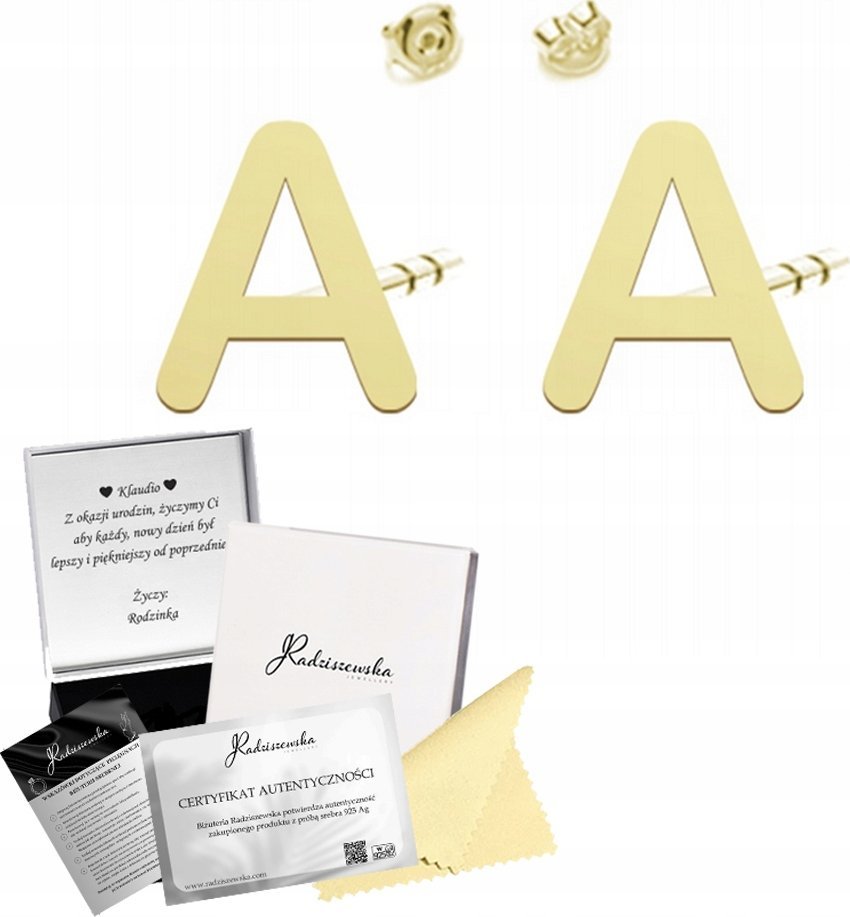 Radziszewska Jewellery Kolczyki Złote z Literą Sztyfty SREBRO 925 Damskie Prezent ŻYCZENIA GRATIS