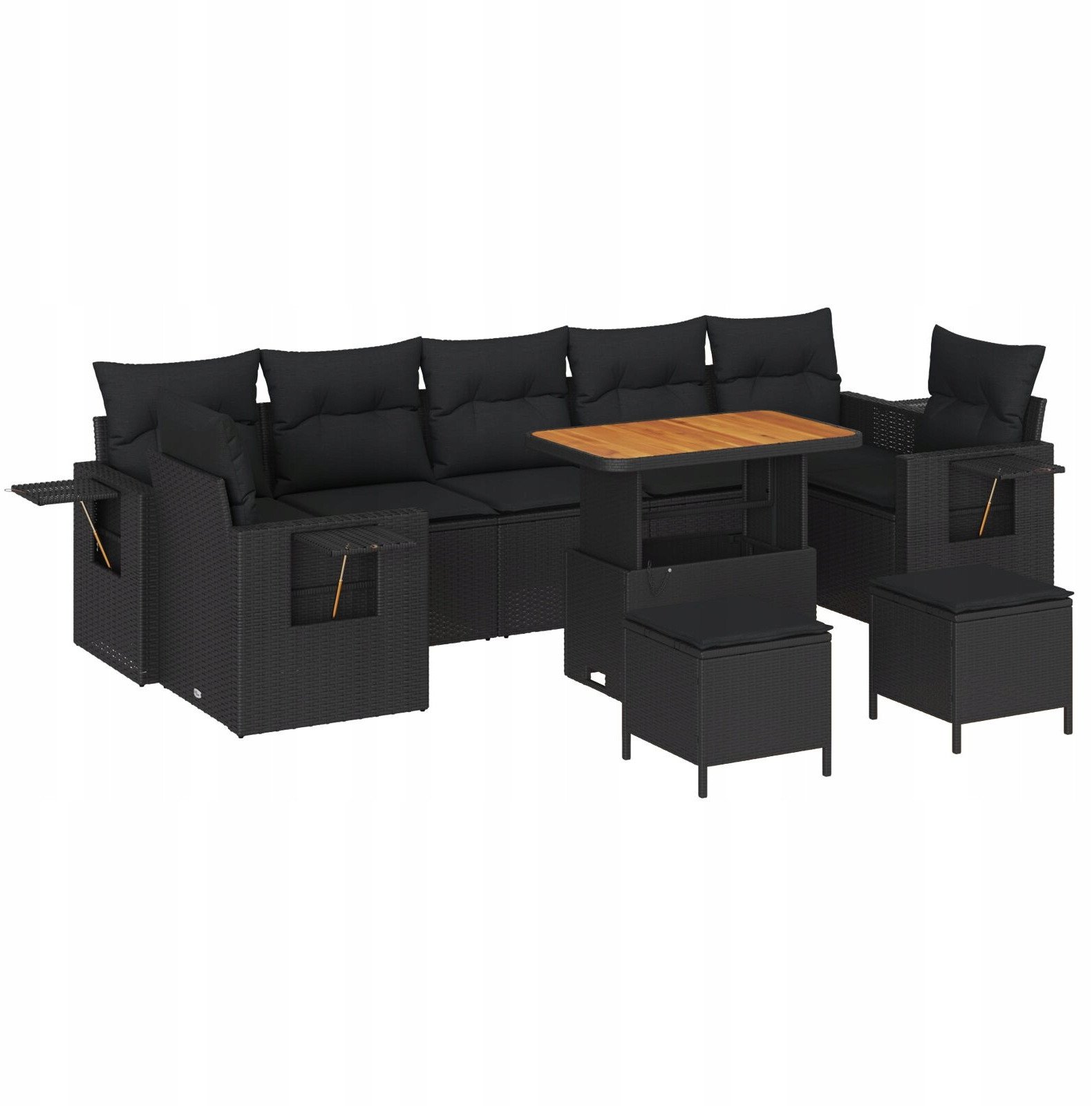 10-częściowy zestaw sofy ogrodowej z poduszkami czarny polirattan akacjowy, 3-częściowy zestaw jadalniany z poduszkami czarny polirattan akacjowy