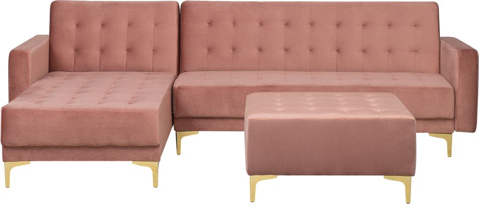 Beliani Narożnik rozkładany 4-osobowy z otomaną welurowy prawostronny różowy ABERDEEN