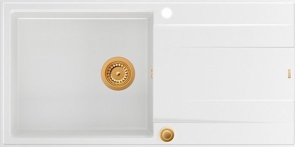 Zlewozmywak GraniteQ EVAN 146 XL GraniteQ zlewozmywak z syfonem Push 2 Open1-komorowy z/o (1000x500x210; kom. 420x480) snow white / elementy miedziane