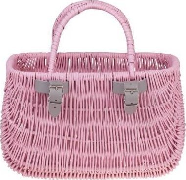 WickerPL Akcesoria rowerowe Malowany Wiklinowy Kosz na rower dziecięcy w kolorze różowym + paski skórzane 30x16 H20/29 cm