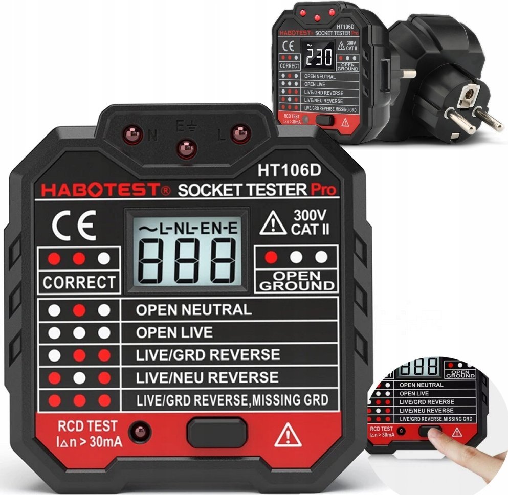 TESTER GNIAZD SIECIOWYCH MIERNIK ELEKTRYCZNY WYŚWIETLACZ LCD TEST RCD LED