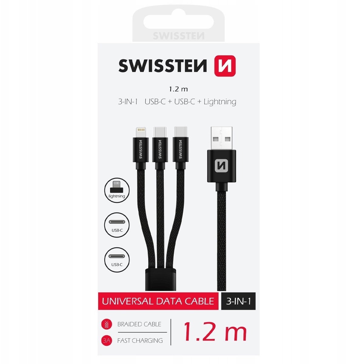 Kabel USB Swissten USB-A - USB-C + microUSB + Lightning 1.2 m Czarny (8595217481541)