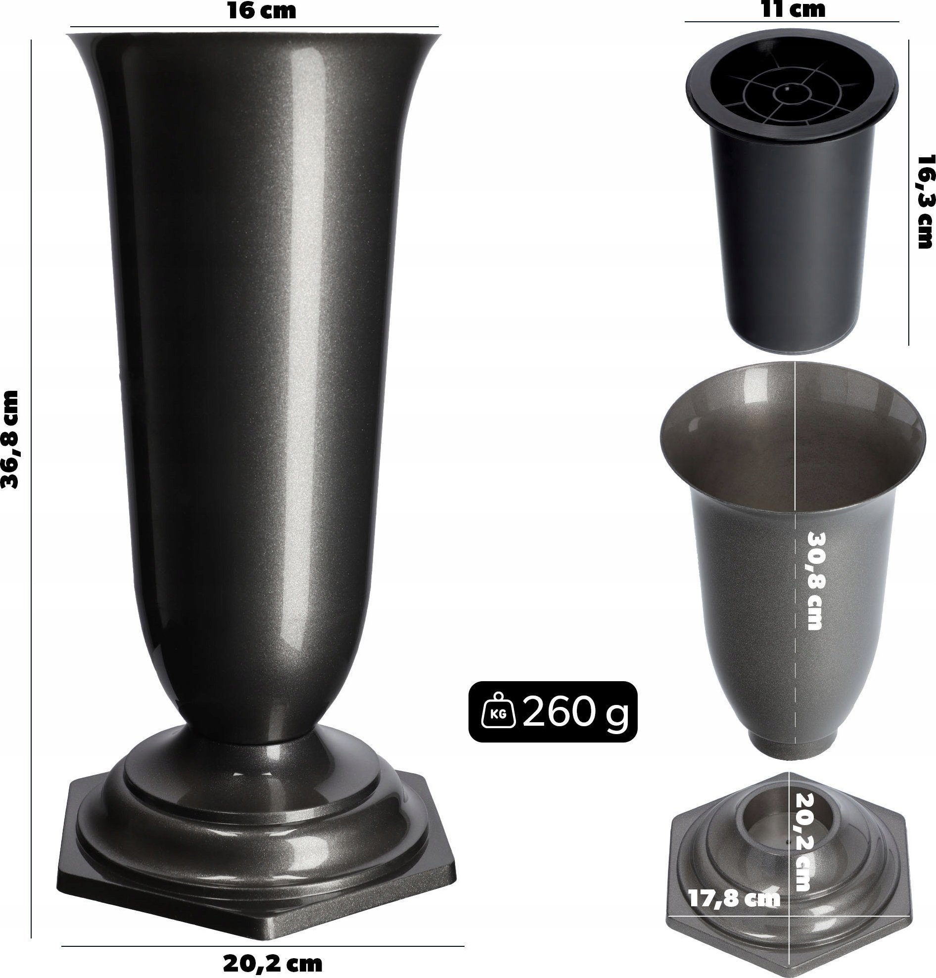 Kadax Wazon Flakon Na cmentarz Grób Nagrobek Grafit 37cm