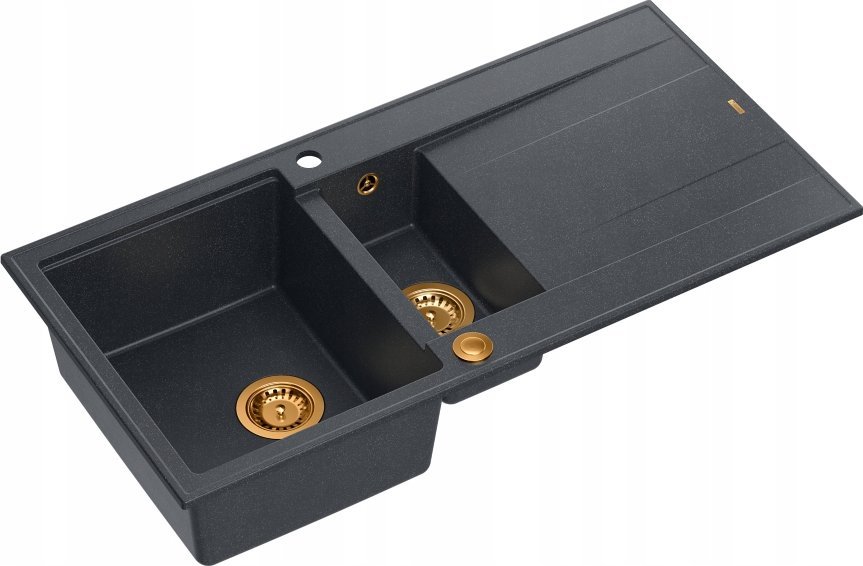 Zlewozmywak GraniteQ EVAN 156 GraniteQ zlewozmywak z syfonem Push To Open 1,5-komorowy z/o (1000x500x210; kom. 420x480) black diamond / elementy miedz