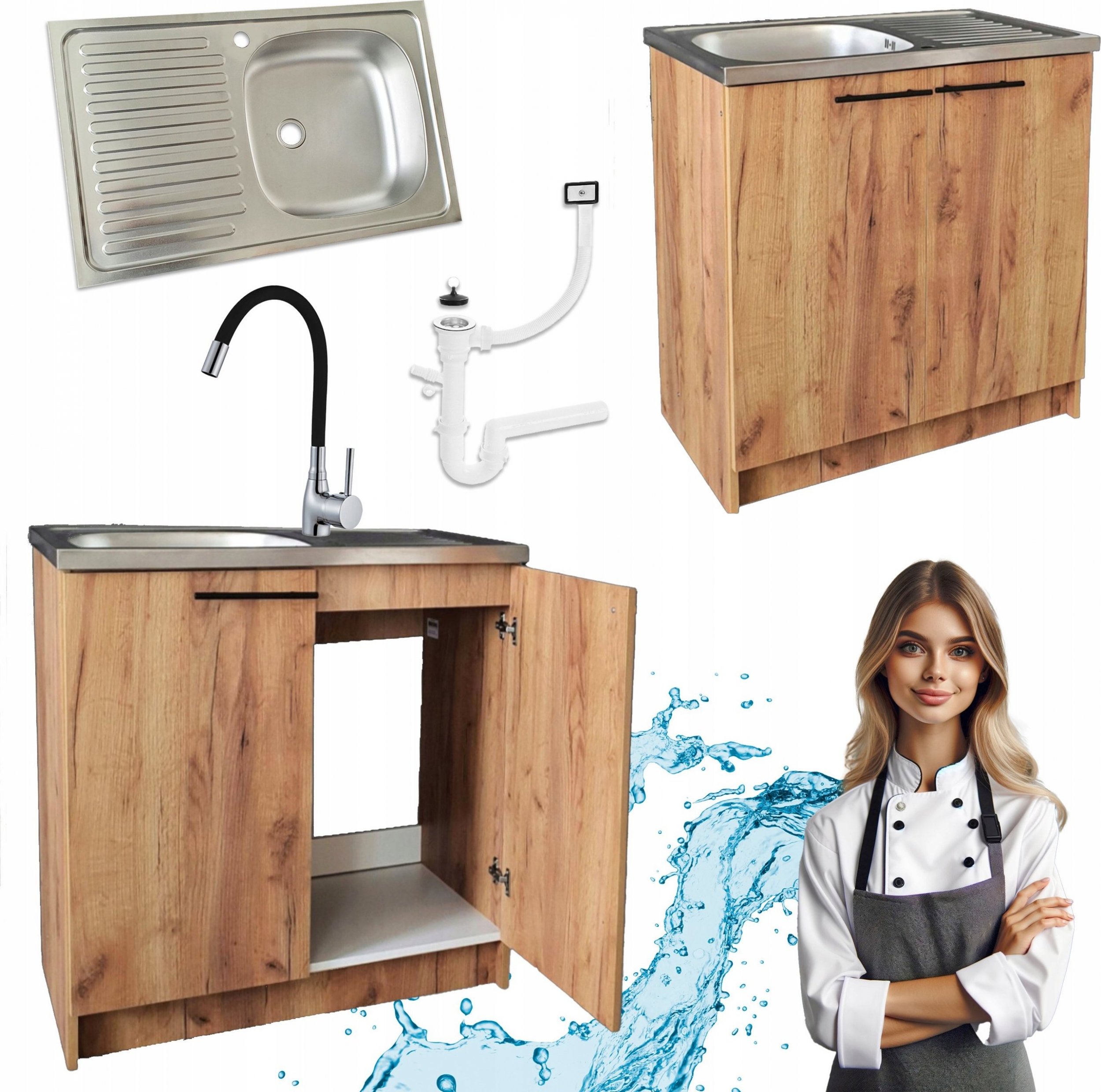 Stamar Szafka Kuchenna 80 Dąb Złoty Zlewozmywak Bateria Czarna Elastyczna Syfon