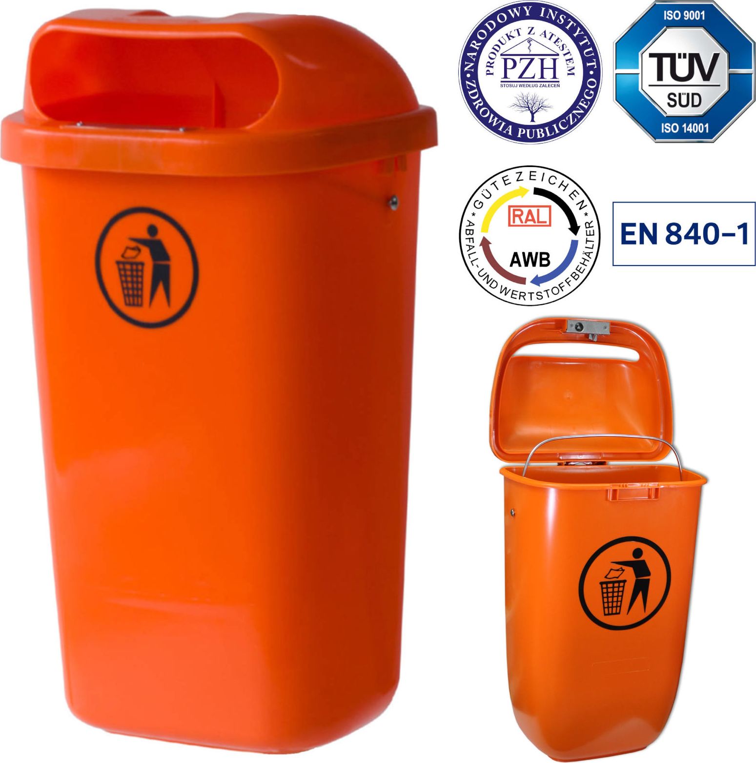 Europlast Kosz uliczny miejski pojemnik na śmieci na słupek lub ścianę DIN 50L - pomarańczowy Kosz uliczny miejski pojemnik na śmieci na słupek lub śc