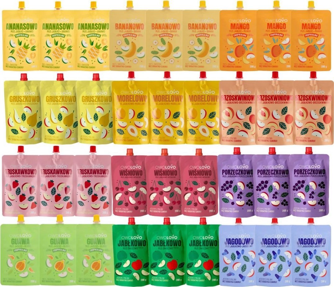 Owolovo Owolovo Mix 12 smaków Musów owocowych 200 g x 36 sztuk