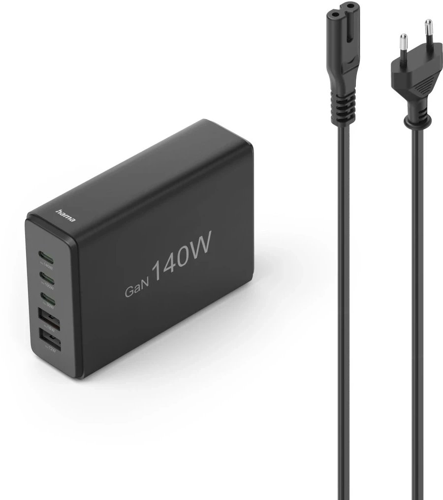 Hama GaN 140W PD/QC 3x USB-C, 2x USB-A czarna