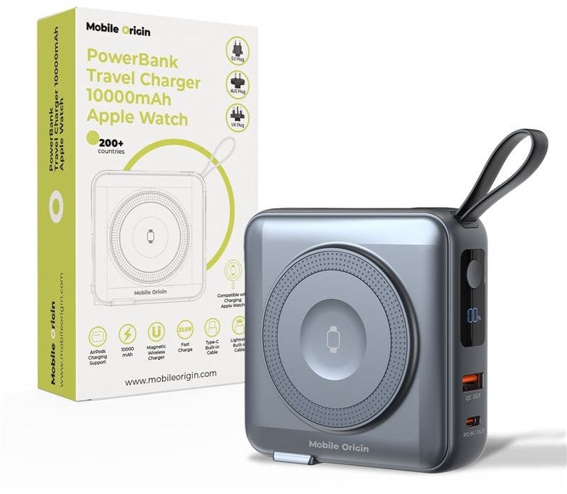 Powerbank Mobile Origin Powerbank & Travel Charger, Lightning/USB-C Cable, MagSafe/AW/iPhone Compatible, grey