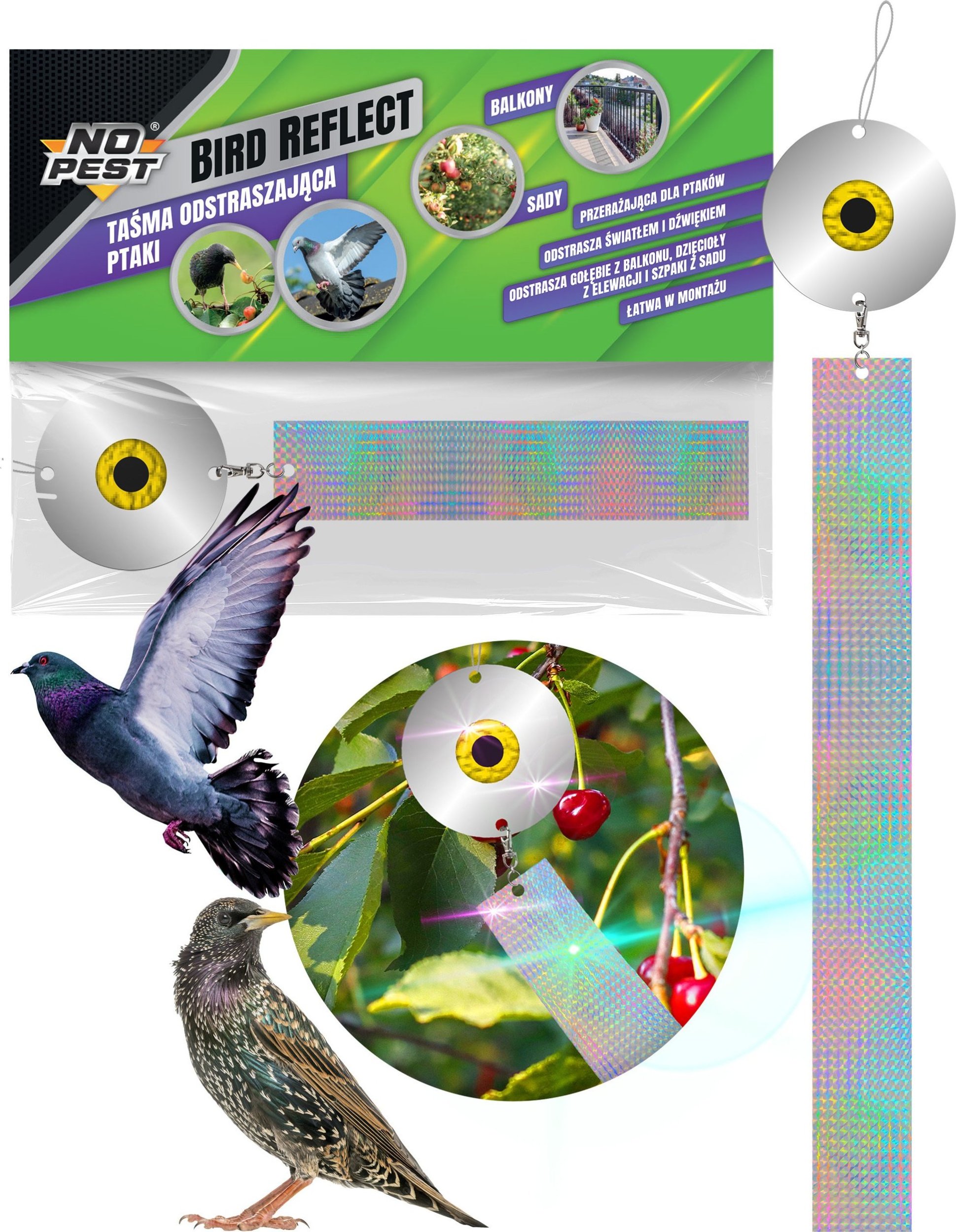 Odstraszacz Ptaków Szpaków Kosów Gołębi Dzięciołów Odblaskowa Taśma na Ptaki "Bird Reflect"