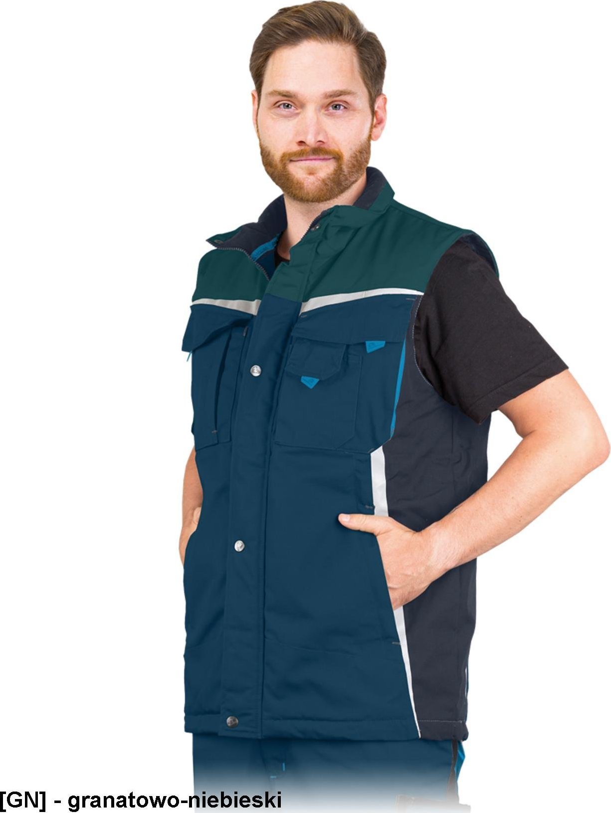 Leber&Hollman LH-NAW-V - Bezrękawnik ochronny ocieplany NEW AGE, materiał canvas, 270 g/m, stójka, odblaski, 6 kieszeni - granatowo-niebieski XL