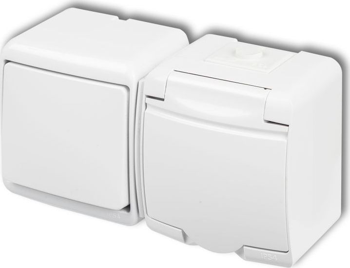 Karlik JUNIOR Łącznik jednobiegunowy + gniazdo hermetyczne (klapka biała) biały WGHH-1