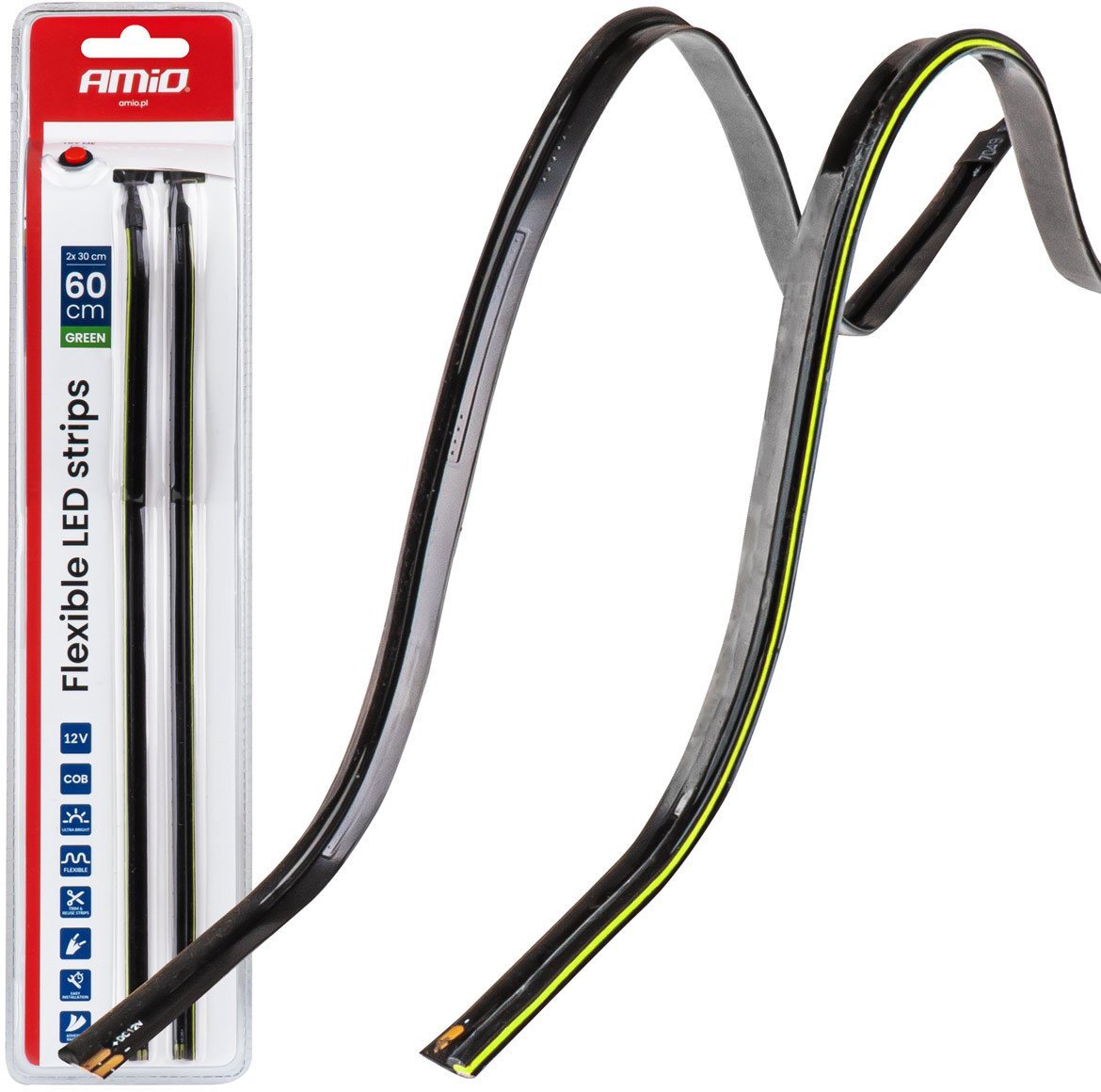 Paski led do samochodu boczne zielone 2x30cm 12v amio-04577