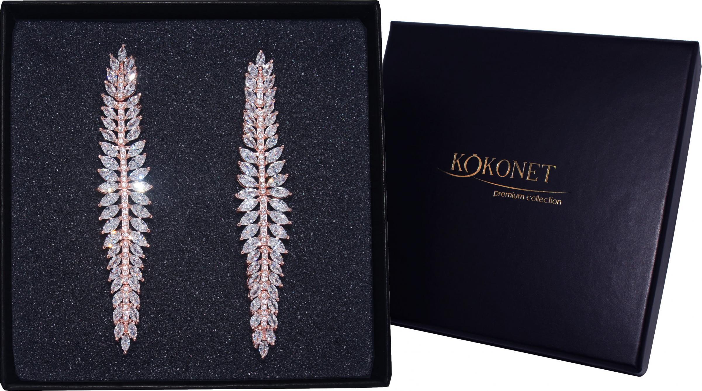 KOKONET Kolczyki wiszące długie ślubne różowe złoto listki