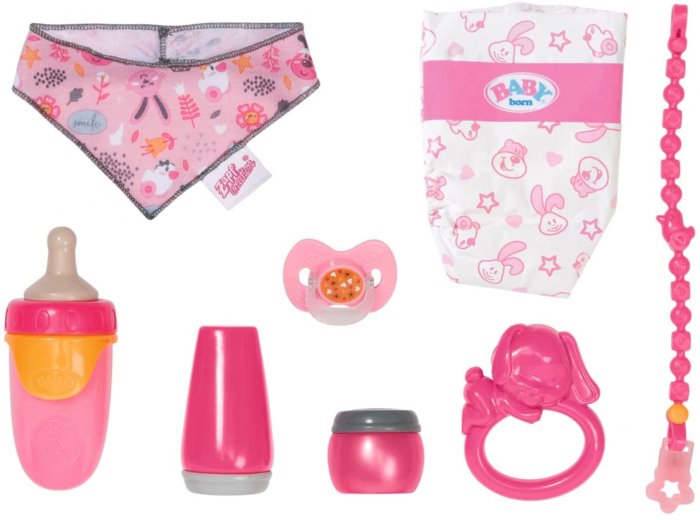 Zapf ZAPF Creation BABY born® accessories set, doll accessories (Magic Eyes pacifier with pacifier chain, diaper, play ring, powder compact, tube of c