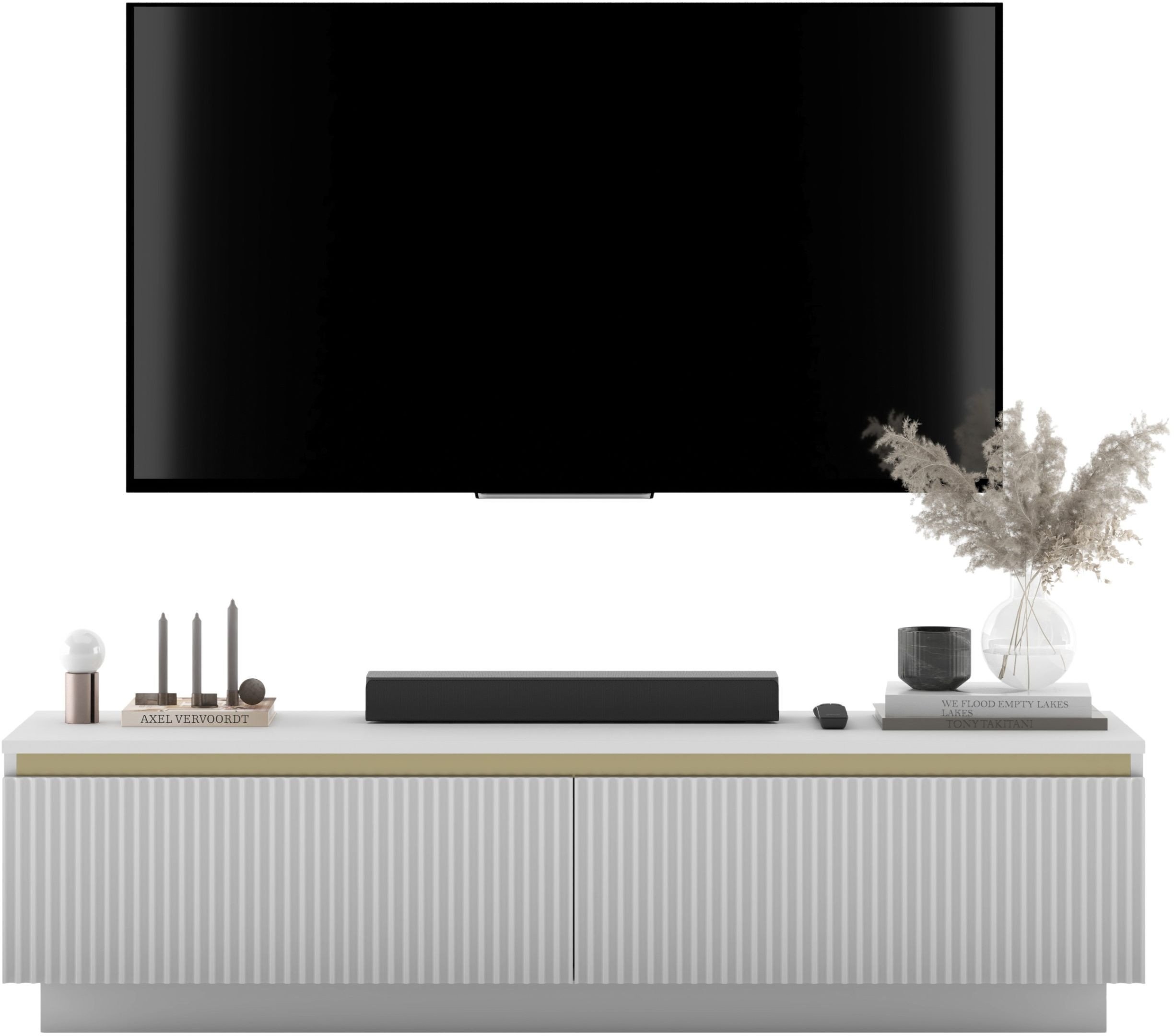 Uniwersalna Szafka RTV Nowoczesna Komoda RTV Glamour Ryflowane fronty Biały Mat 140 cm