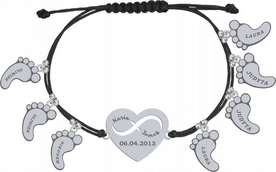Radziszewska Jewellery Bransoletka Srebrna Stópki Serce z Grawerem Imię Dziecka Dzień Mamy 925